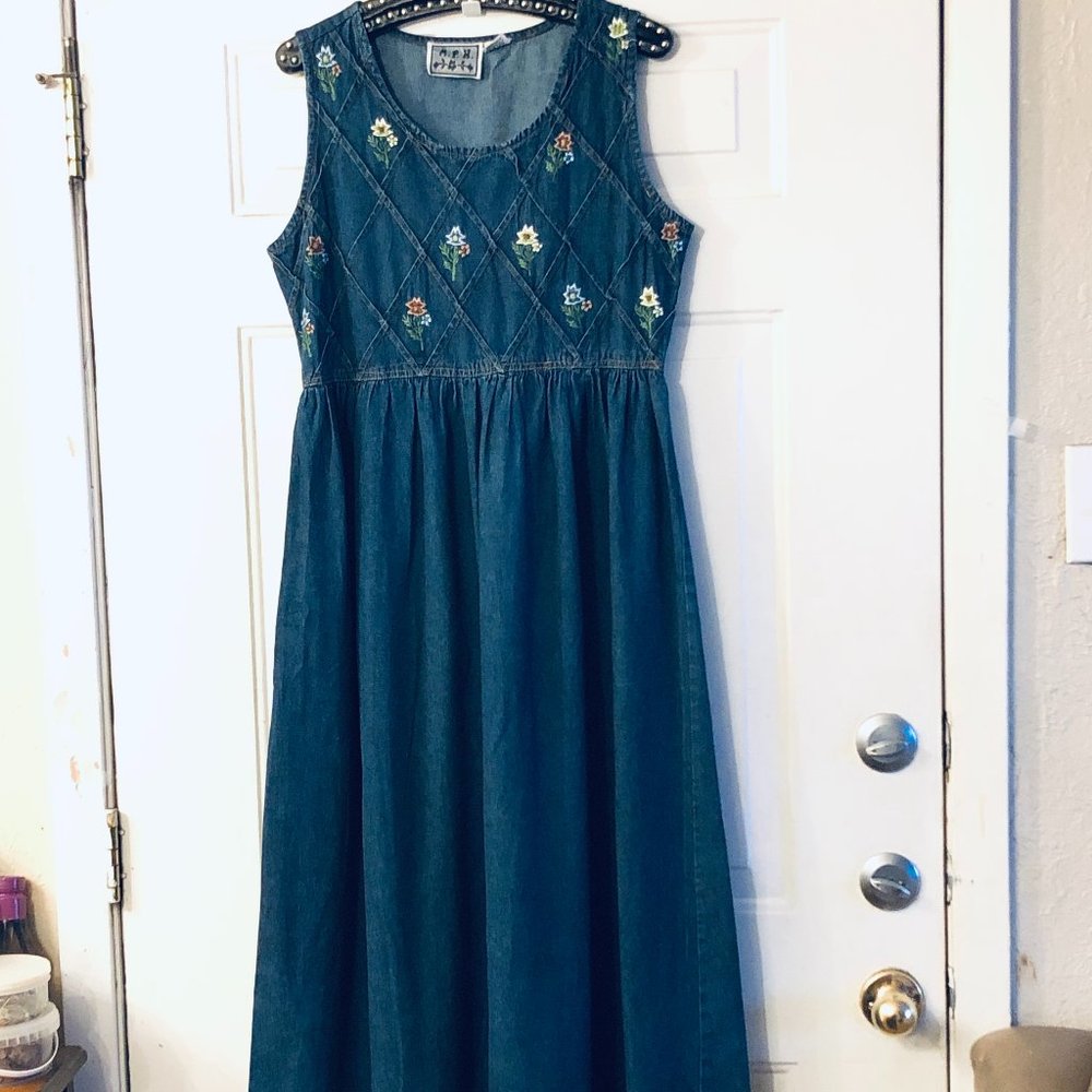 Vtg NEW M.P.H. Long Denim Dress Sz S Sleeveless Embroidered Waist Tie